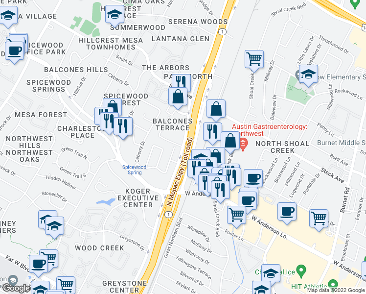 map of restaurants, bars, coffee shops, grocery stores, and more near N Mopac Expy & Westchester Ave in Austin