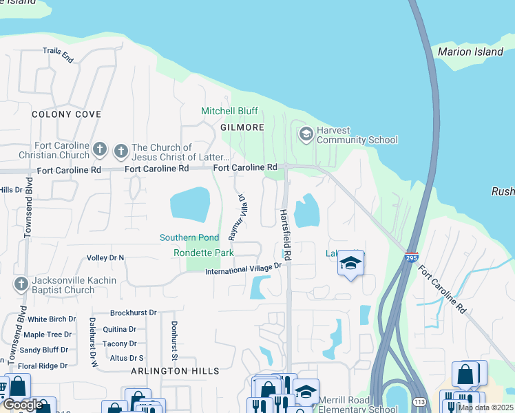 map of restaurants, bars, coffee shops, grocery stores, and more near 3684 Hartsfield Forest Circle in Jacksonville
