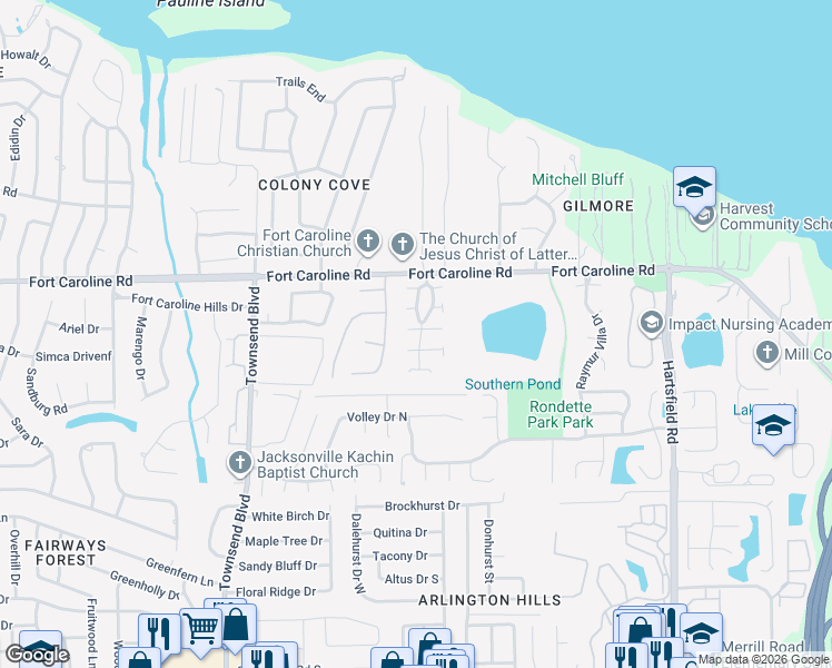 map of restaurants, bars, coffee shops, grocery stores, and more near 7725 Lynchburg Court West in Jacksonville