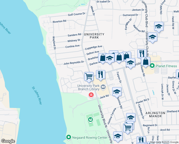 map of restaurants, bars, coffee shops, grocery stores, and more near 5482 Marsh Creek Court in Jacksonville
