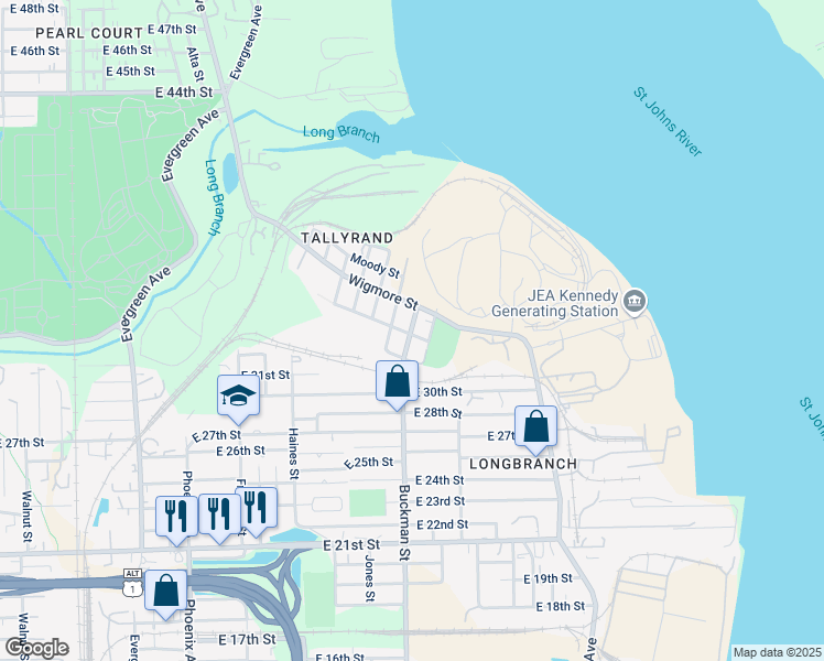 map of restaurants, bars, coffee shops, grocery stores, and more near 4230 Buckman Street in Jacksonville