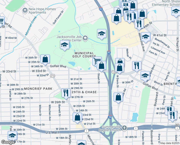 map of restaurants, bars, coffee shops, grocery stores, and more near 1134 West 32nd Street in Jacksonville