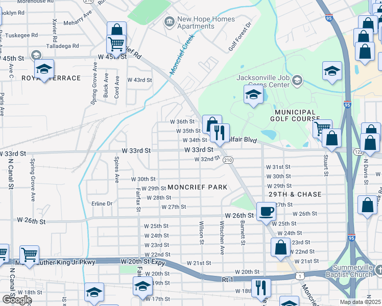 map of restaurants, bars, coffee shops, grocery stores, and more near 1583 West 32nd Street in Jacksonville