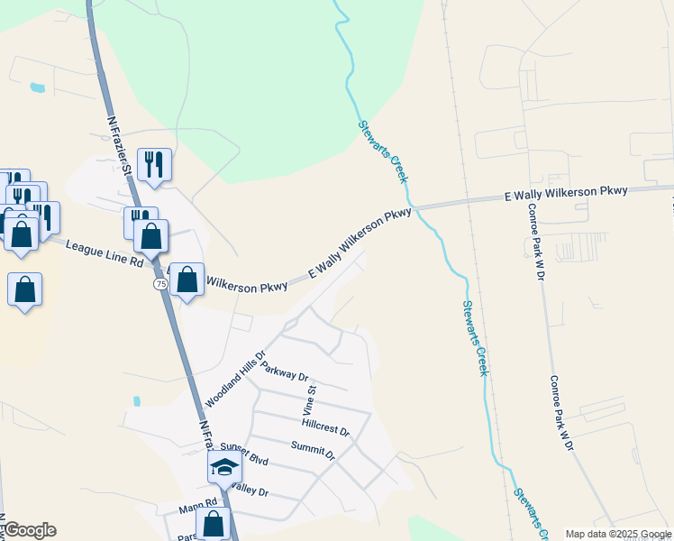 map of restaurants, bars, coffee shops, grocery stores, and more near 40B Woodland Hills Drive in Conroe