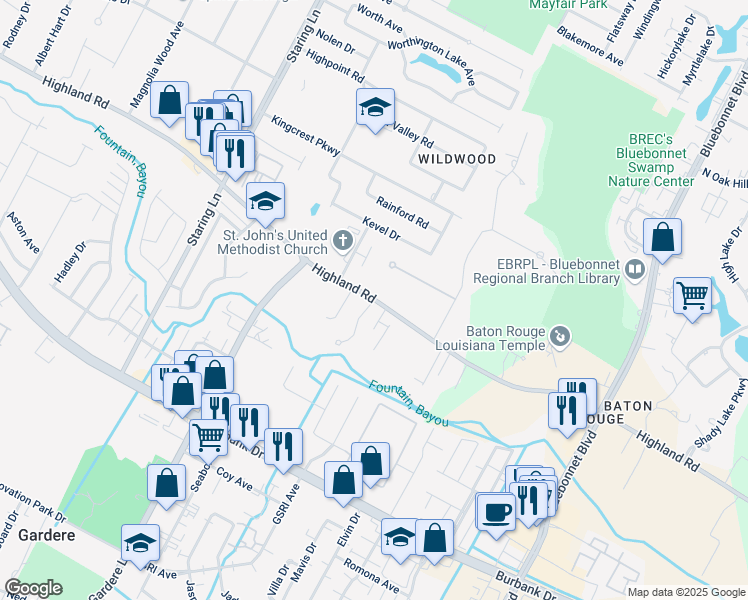 map of restaurants, bars, coffee shops, grocery stores, and more near Highland Road in Baton Rouge