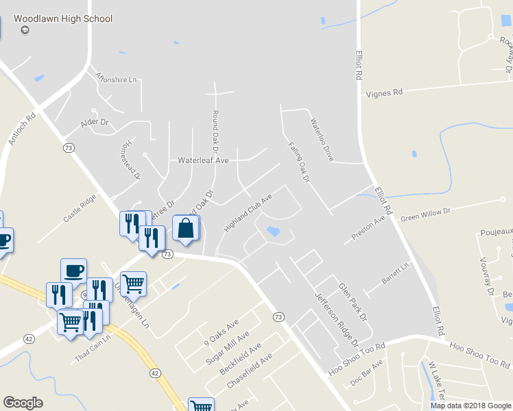 map of restaurants, bars, coffee shops, grocery stores, and more near 16799 Highland Club Avenue in Baton Rouge