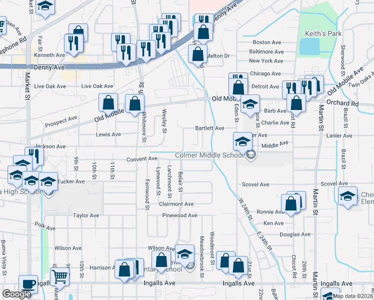 map of restaurants, bars, coffee shops, grocery stores, and more near 2709 Convent Ave in Pascagoula