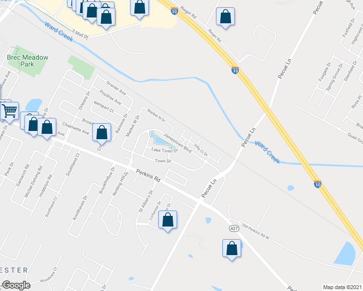 map of restaurants, bars, coffee shops, grocery stores, and more near Jamestown Boulevard in Baton Rouge