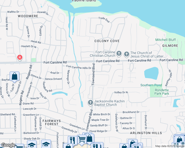 map of restaurants, bars, coffee shops, grocery stores, and more near 3500 3450-3 Townsend Ap in Jacksonville