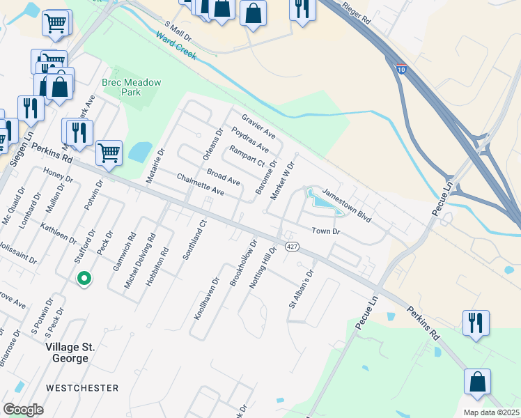 map of restaurants, bars, coffee shops, grocery stores, and more near 14320 Town Drive in Baton Rouge