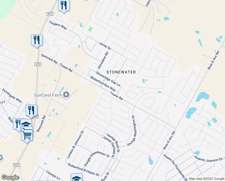 map of restaurants, bars, coffee shops, grocery stores, and more near 12407 Waterford Run Way in Manor