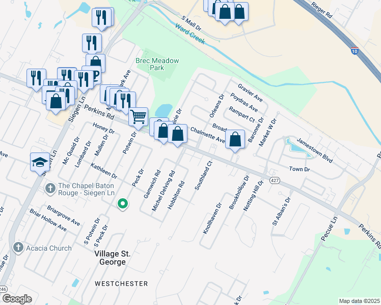 map of restaurants, bars, coffee shops, grocery stores, and more near 13810 Perkins Road in Baton Rouge