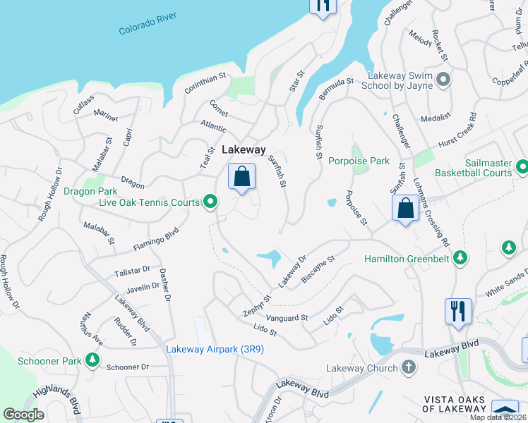 map of restaurants, bars, coffee shops, grocery stores, and more near 428 Seawind in Lakeway