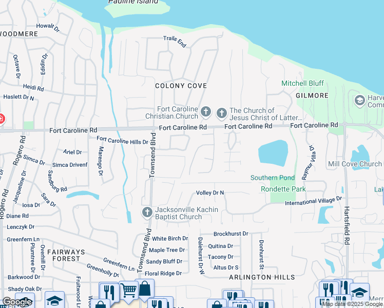 map of restaurants, bars, coffee shops, grocery stores, and more near 3568 Rain Forest Drive West in Jacksonville
