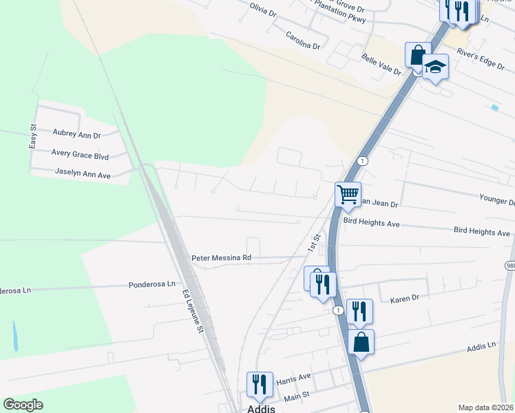 map of restaurants, bars, coffee shops, grocery stores, and more near 4380 Parker Lane in Addis