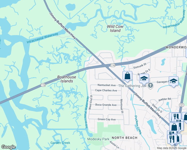 map of restaurants, bars, coffee shops, grocery stores, and more near 2858 Wonderwood Lane in Atlantic Beach