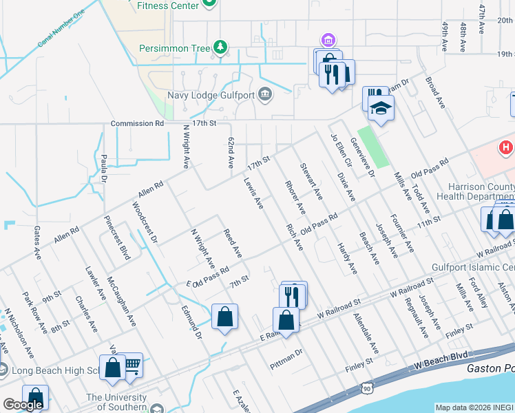 map of restaurants, bars, coffee shops, grocery stores, and more near 1431 Lewis Avenue in Gulfport