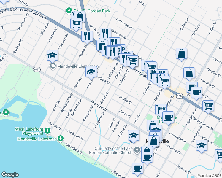 map of restaurants, bars, coffee shops, grocery stores, and more near 610 Lafayette Street in Mandeville