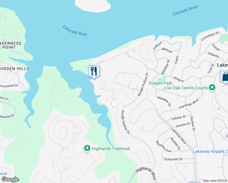 map of restaurants, bars, coffee shops, grocery stores, and more near 210 Tumbling Stream CV in Lakeway