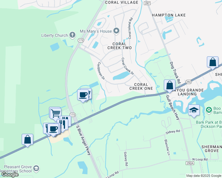 map of restaurants, bars, coffee shops, grocery stores, and more near 144 Yucatan Drive in Pensacola