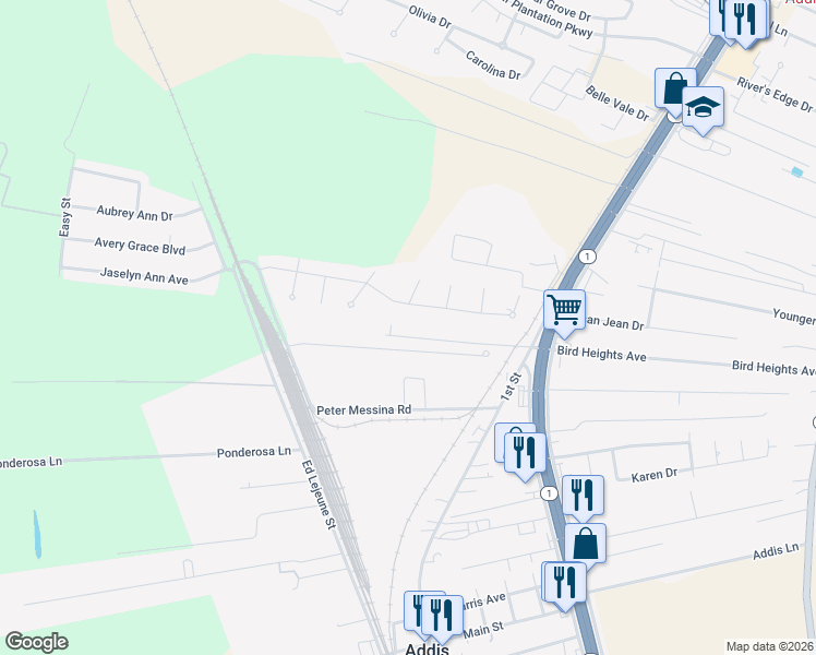 map of restaurants, bars, coffee shops, grocery stores, and more near 4380 Parker Lane in Addis