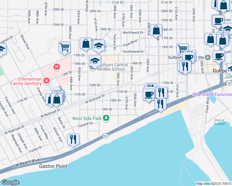 map of restaurants, bars, coffee shops, grocery stores, and more near 1015 38th Avenue in Gulfport