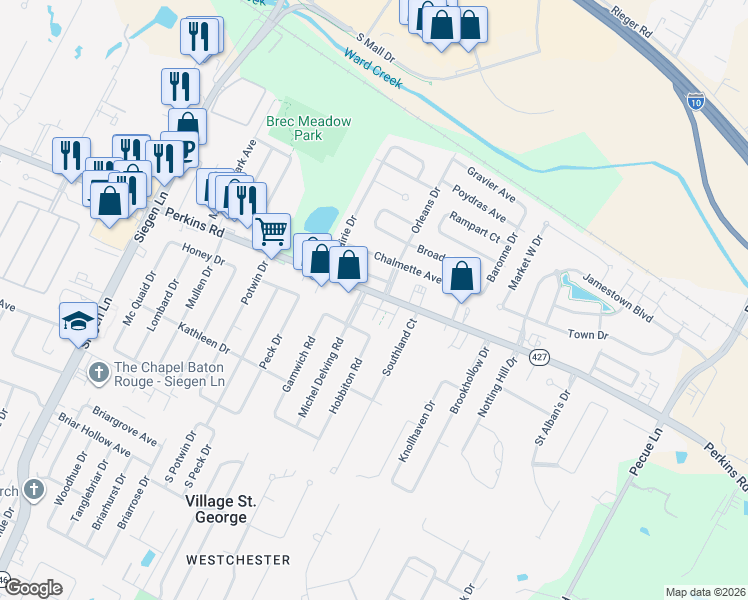 map of restaurants, bars, coffee shops, grocery stores, and more near 13808 Perkins Road in Baton Rouge