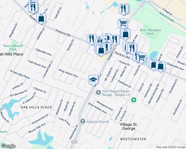 map of restaurants, bars, coffee shops, grocery stores, and more near 12751 King James Avenue in Baton Rouge