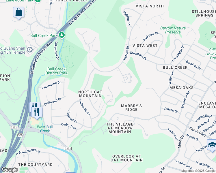 map of restaurants, bars, coffee shops, grocery stores, and more near 6916 Cat Creek Run in Austin