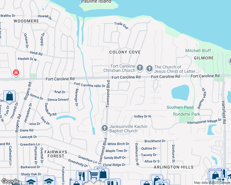 map of restaurants, bars, coffee shops, grocery stores, and more near 7348 Colony Cove Lane in Jacksonville