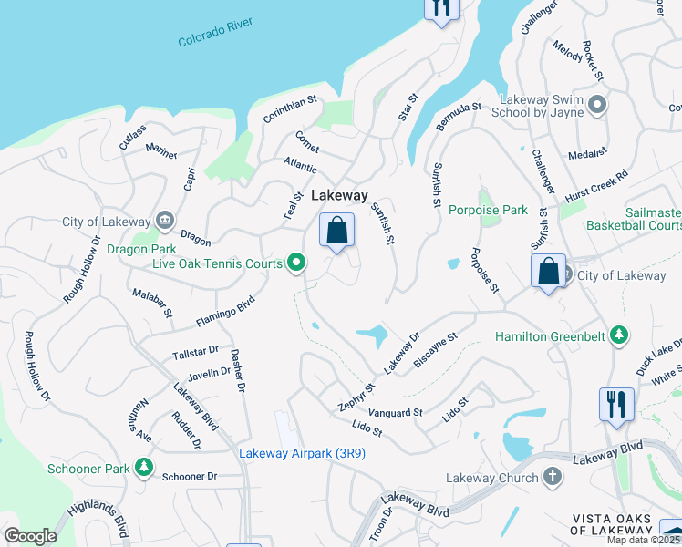 map of restaurants, bars, coffee shops, grocery stores, and more near 427 Seawind in Lakeway