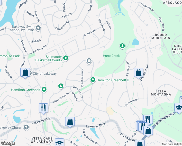 map of restaurants, bars, coffee shops, grocery stores, and more near 600 Palos Verdes Drive in Lakeway