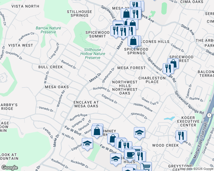 map of restaurants, bars, coffee shops, grocery stores, and more near 7602 Stoneywood Drive in Austin