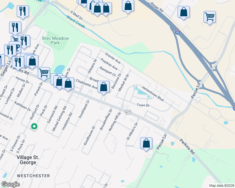 map of restaurants, bars, coffee shops, grocery stores, and more near 14506 Market West Drive in Baton Rouge