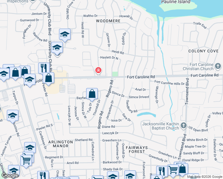 map of restaurants, bars, coffee shops, grocery stores, and more near 3565 Rogero Road in Jacksonville