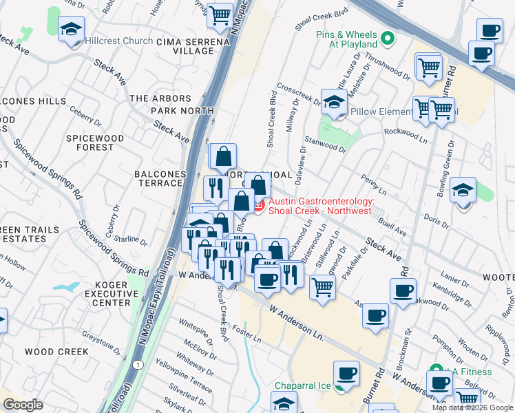 map of restaurants, bars, coffee shops, grocery stores, and more near 8015 Shoal Creek Boulevard in Austin