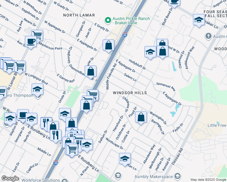 map of restaurants, bars, coffee shops, grocery stores, and more near 10127 Middle Fiskville Road in Austin