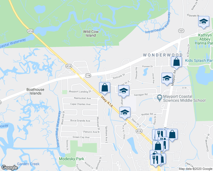 map of restaurants, bars, coffee shops, grocery stores, and more near 1054 Regas Drive South in Jacksonville