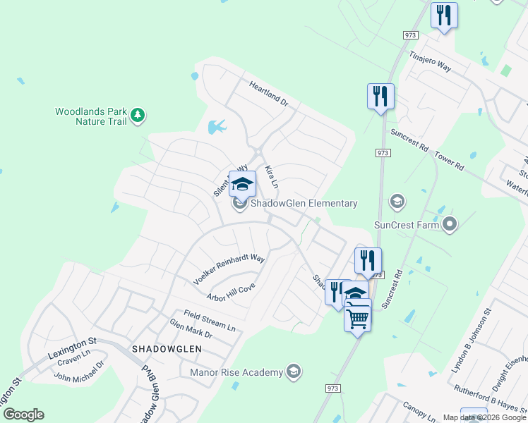 map of restaurants, bars, coffee shops, grocery stores, and more near 13709 Fallsprings Way in Manor
