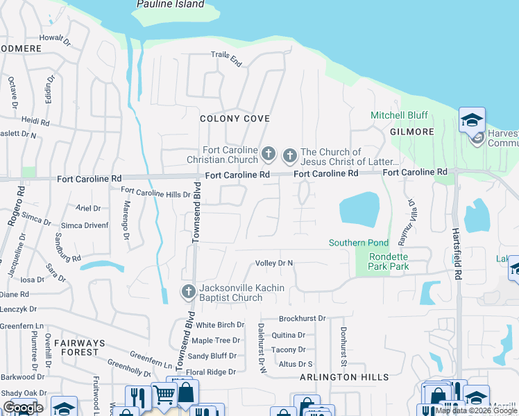 map of restaurants, bars, coffee shops, grocery stores, and more near 3575 Rain Forest Drive West in Jacksonville