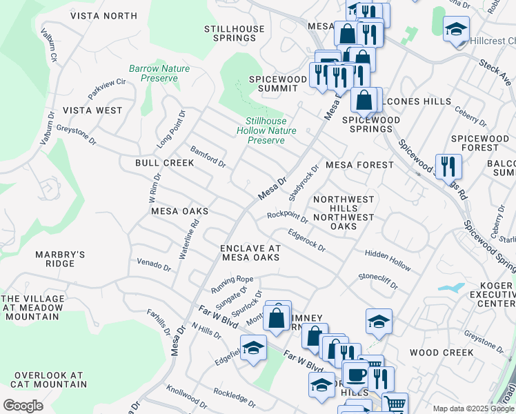 map of restaurants, bars, coffee shops, grocery stores, and more near 7502 Rockpoint Drive in Austin