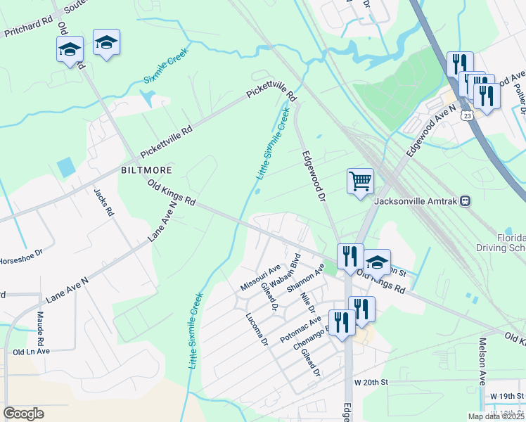 map of restaurants, bars, coffee shops, grocery stores, and more near 5349 Old Kings Road in Jacksonville