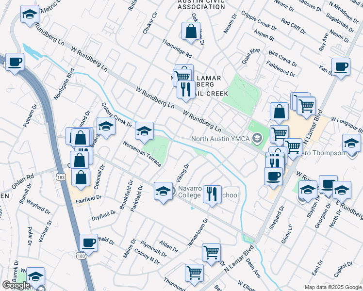 map of restaurants, bars, coffee shops, grocery stores, and more near 1203 Inland Greens in Austin