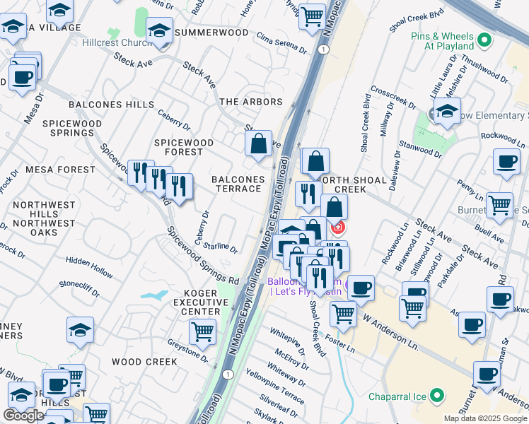 map of restaurants, bars, coffee shops, grocery stores, and more near 8007 Northforest Drive in Austin