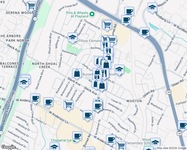 map of restaurants, bars, coffee shops, grocery stores, and more near 2601 Penny Lane in Austin