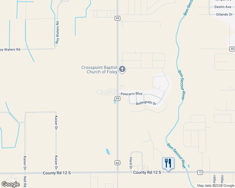 map of restaurants, bars, coffee shops, grocery stores, and more near 9636 County Road 65 in Foley