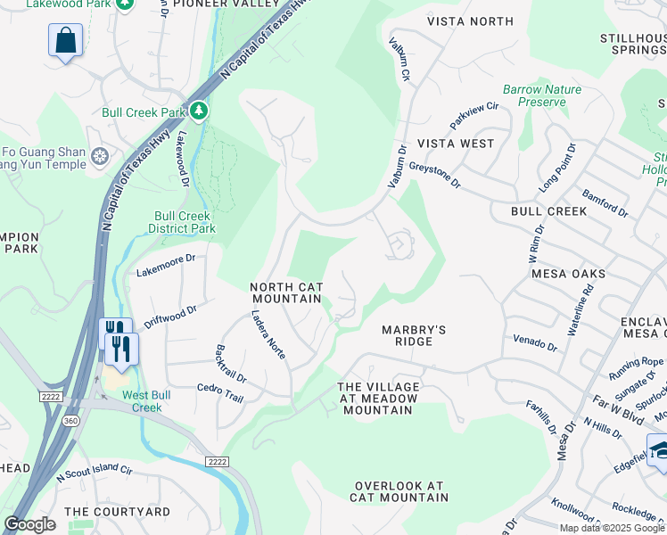map of restaurants, bars, coffee shops, grocery stores, and more near 6916 Cat Creek Run in Austin