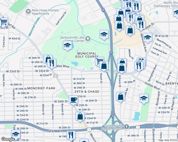 map of restaurants, bars, coffee shops, grocery stores, and more near 1157 Golfair Boulevard in Jacksonville