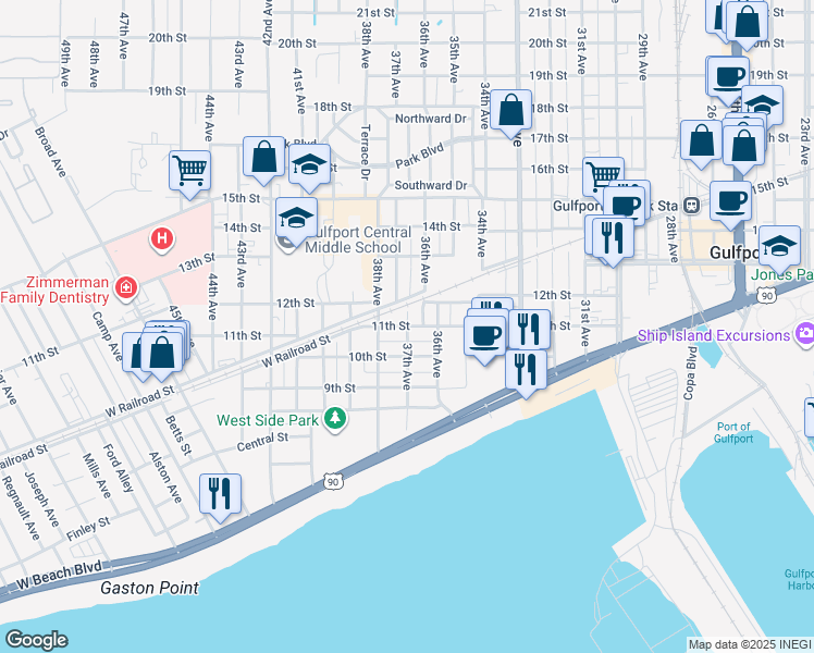 map of restaurants, bars, coffee shops, grocery stores, and more near 1099 37th Avenue in Gulfport