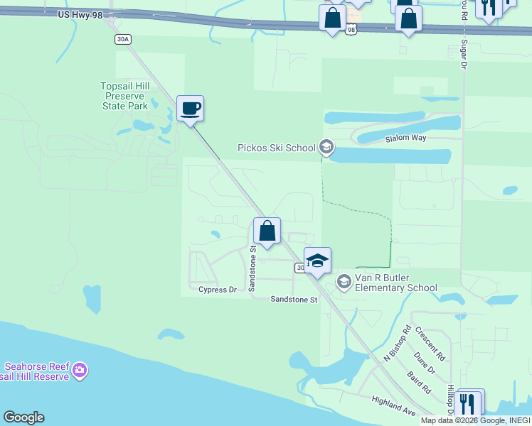 map of restaurants, bars, coffee shops, grocery stores, and more near 15 White Heron Drive in Santa Rosa Beach